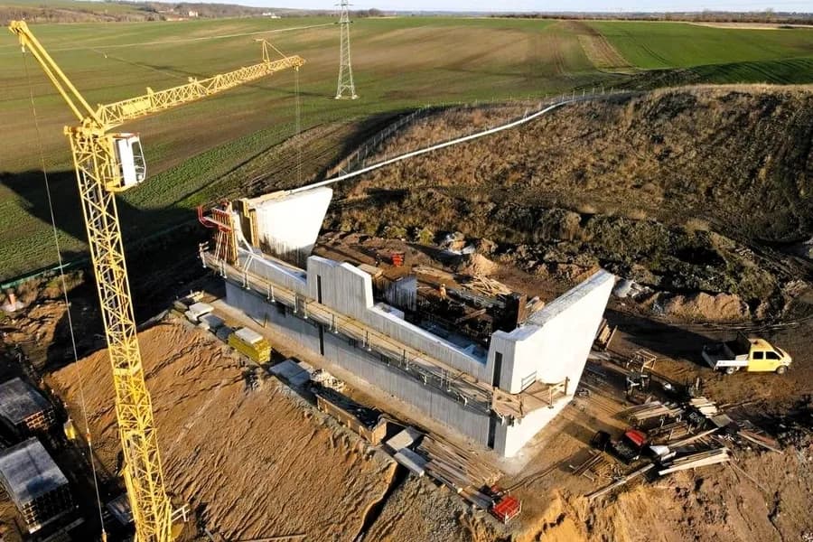 Luftaufnahme des Widerlagers der Talbrücke Benkendorfer Bach mit Turmdrehkran